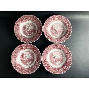 Set of 4 Arabia Finland Red Landscape Rimmed Soup Bowls | Rare Vintage China